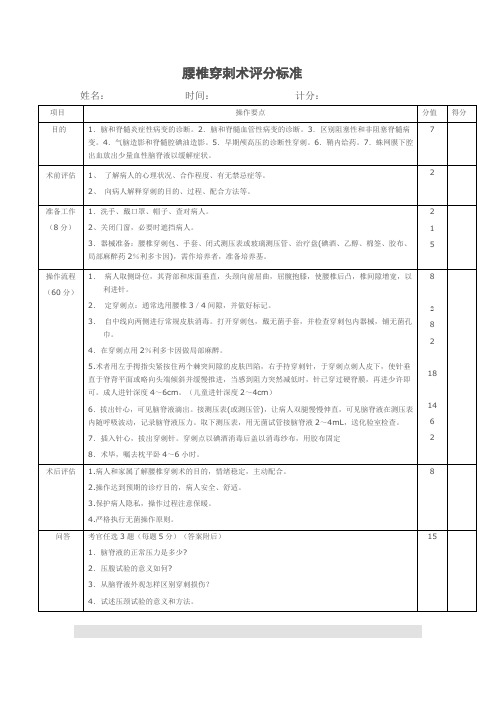 腰椎穿刺术流程及评分标准