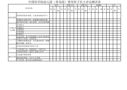 幼儿园领导班子民主评议测评表 