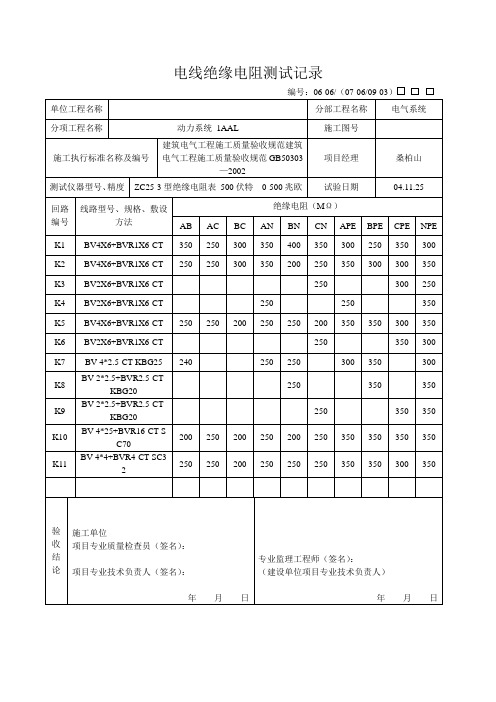 电线绝缘电阻测试记录