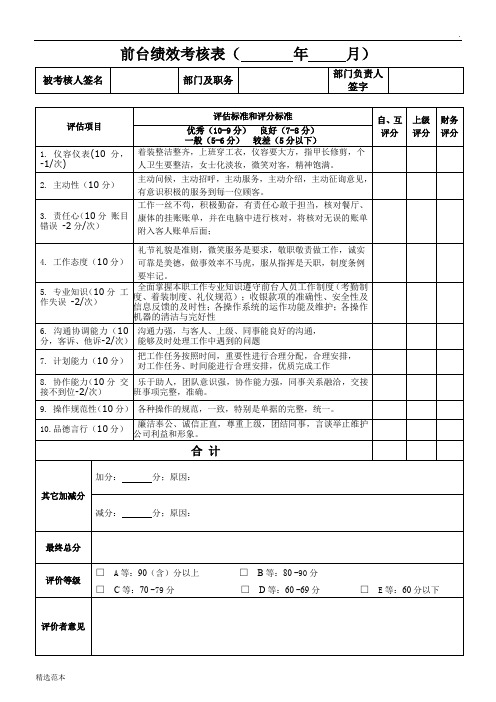 前台员工绩效考核表