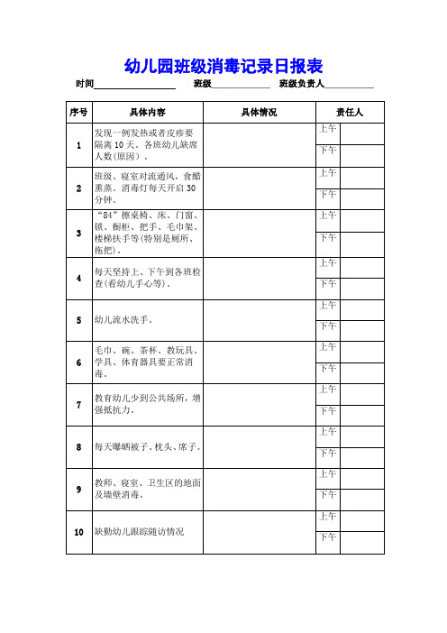 幼儿园班级消毒记录日报表