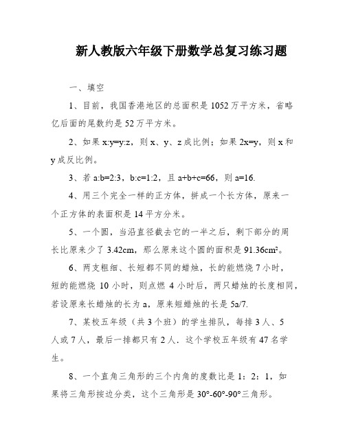 新人教版六年级下册数学总复习练习题