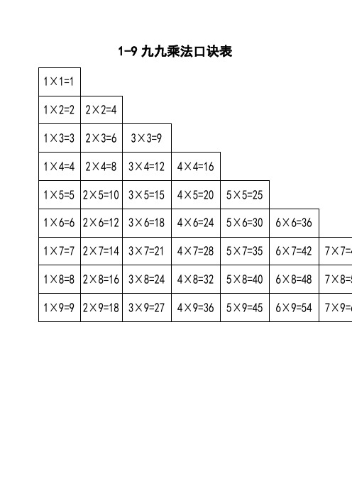 九九乘法口诀表二年级用