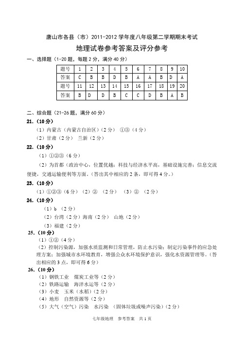 唐山市各县(市)2011-2012学年度八年级第二学期期末考试地理试卷答案