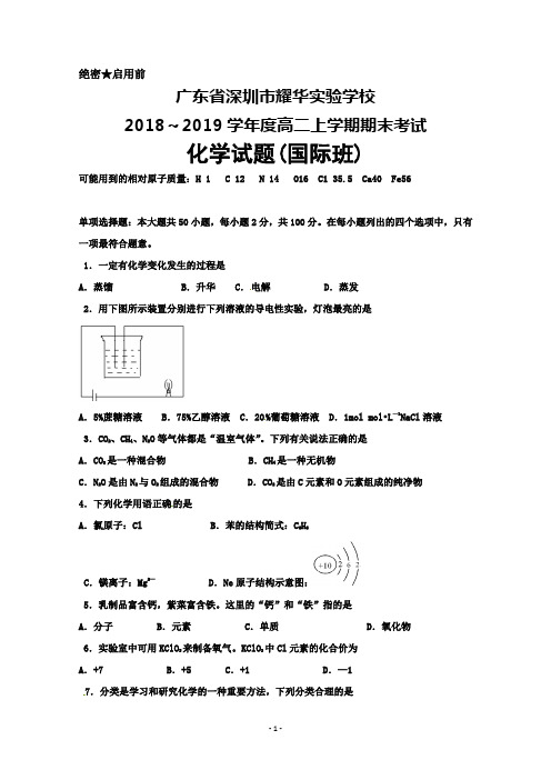 2018-2019学年广东省深圳市耀华实验学校高二上学期(国际班)上学期期末考试化学试题及答案