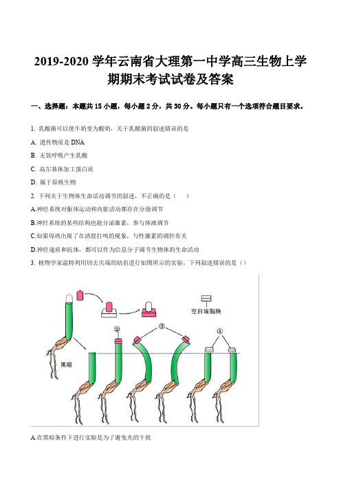 2019-2020学年云南省大理第一中学高三生物上学期期末考试试卷及答案