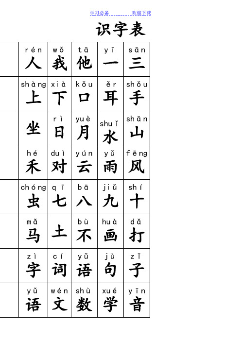 部编版小学一年级语文上册生字表(带拼音)