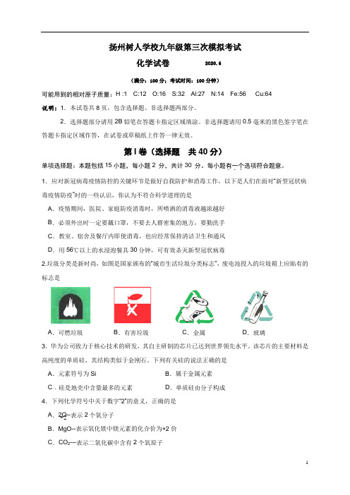 江苏省扬州中学教育集团树人学校2020届九年级第三次模拟考试化学试题