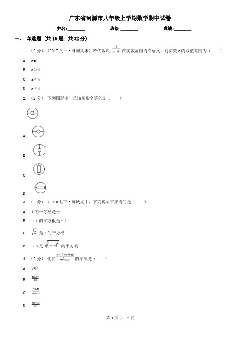 广东省河源市八年级上学期数学期中试卷