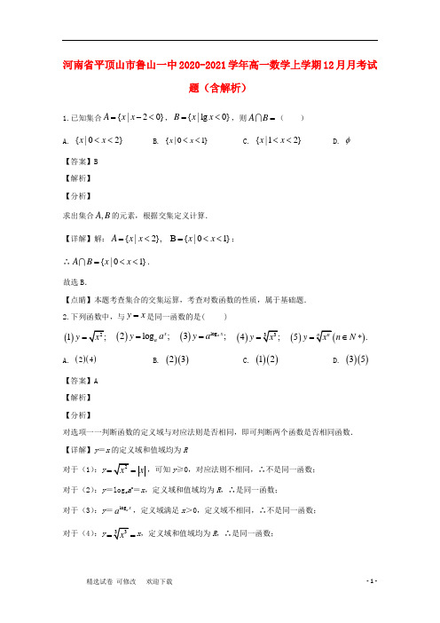 河南省市鲁山一中2020-2021学年高一数学上学期12月月考试题(含解析)