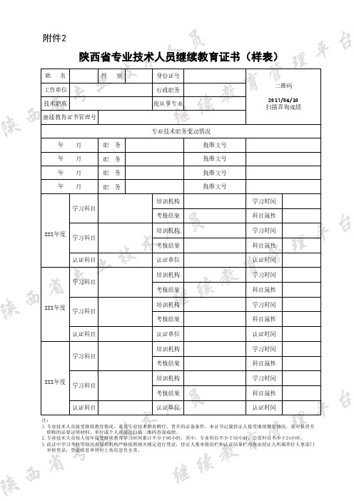 陕西省专业技术人员继续教育证书(样表)