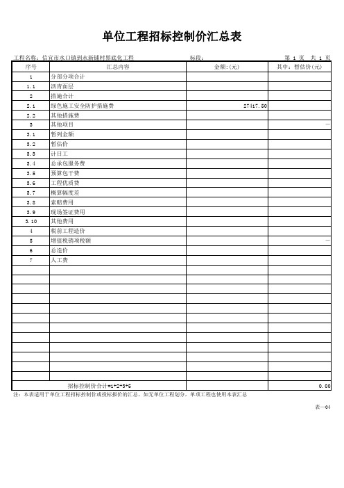 单位工程招标控制价汇总表