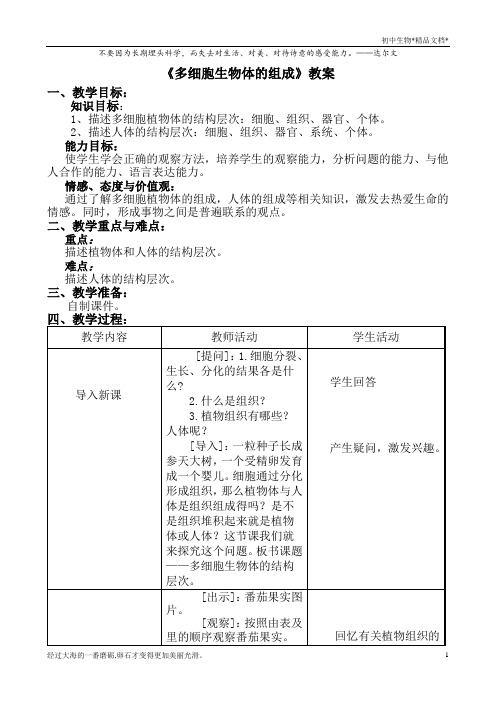 苏教版生物七年级上册2.4.2多细胞生物体的组成 教案