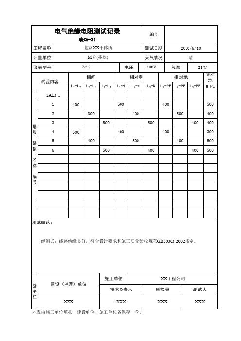 建筑施工电气绝缘电阻测试记录