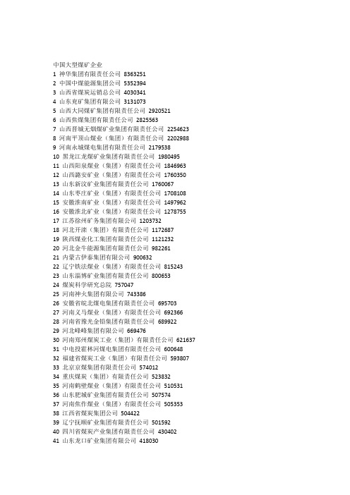 中国100个大型煤矿企业名录