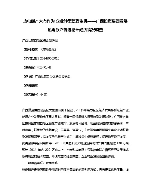 热电联产大有作为 企业转型赢得生机——广西投资集团发展热电联产促进循环经济情况调查