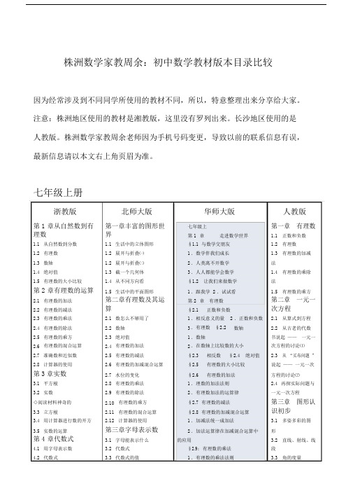 株洲数学家教周余：初中数学教材版本目录比较.doc