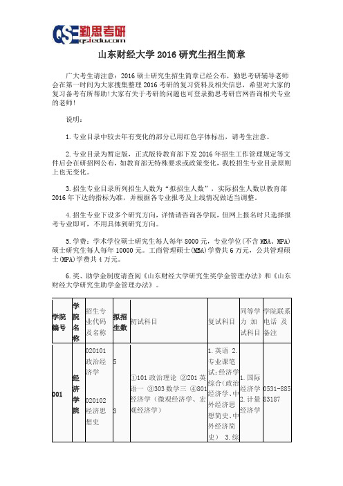 山东财经大学2016研究生招生简章