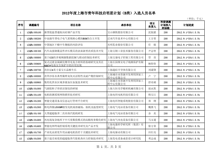 2012年度上海市青年科技启明星计划(B类)入选人员名单