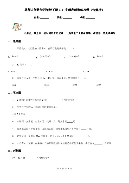 北师大版数学四年级下册5.1 字母表示数练习卷(含解析)