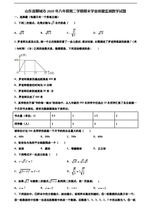 山东省聊城市2020年八年级第二学期期末学业质量监测数学试题含解析