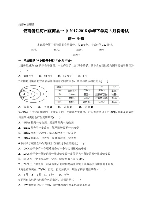 云南省红河州红河县一中2017-2018学年下学期6月份考试 高一生物