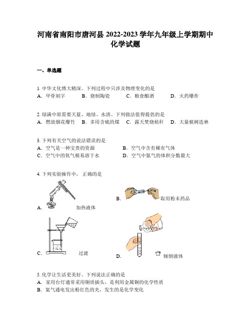 河南省南阳市唐河县2022-2023学年九年级上学期期中化学试题