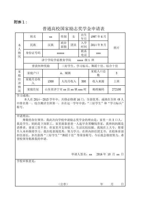 普通高校国家励志奖学金申请表