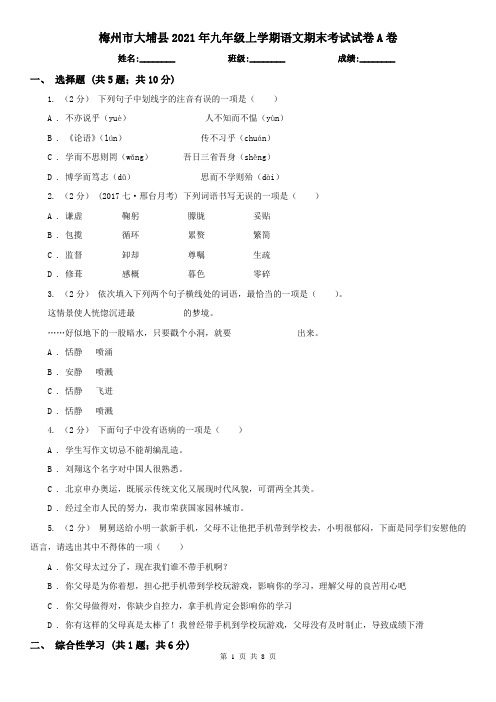 梅州市大埔县2021年九年级上学期语文期末考试试卷A卷