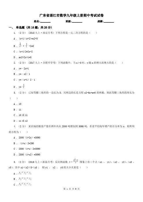 广东省湛江市数学九年级上册期中考试试卷