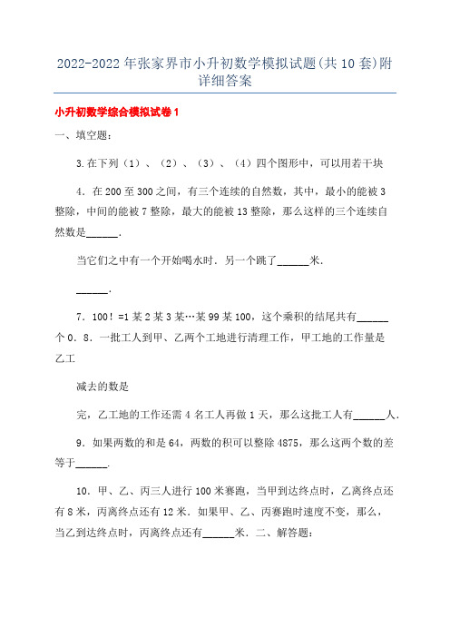 2022-2022年张家界市小升初数学模拟试题(共10套)附详细答案