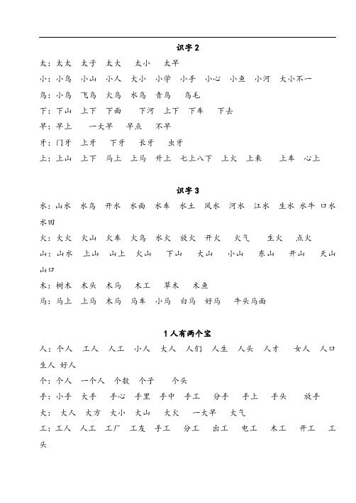 苏教版小学语文一年级上册生字表