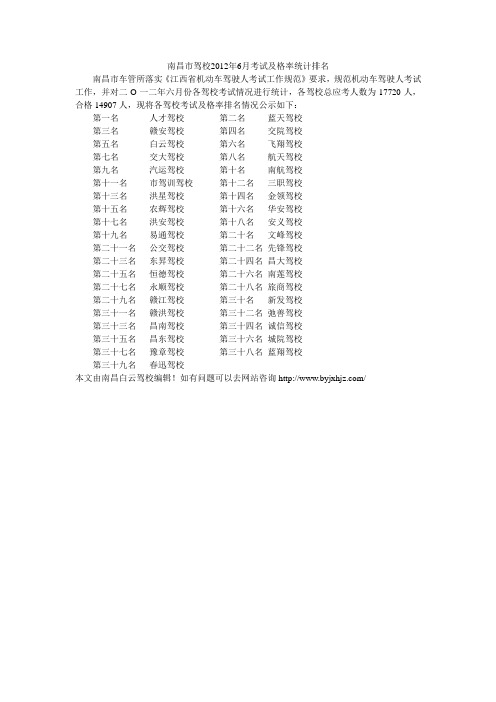 南昌市驾校2012年6月考试及格率统计排名