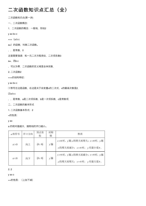 二次函数知识点汇总（全）