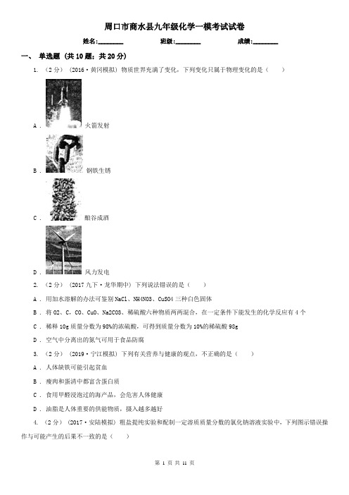 周口市商水县九年级化学一模考试试卷