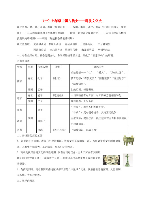 河南省项城市2020届中考历史七年级中国古代史__科技文化史复习学案无答案