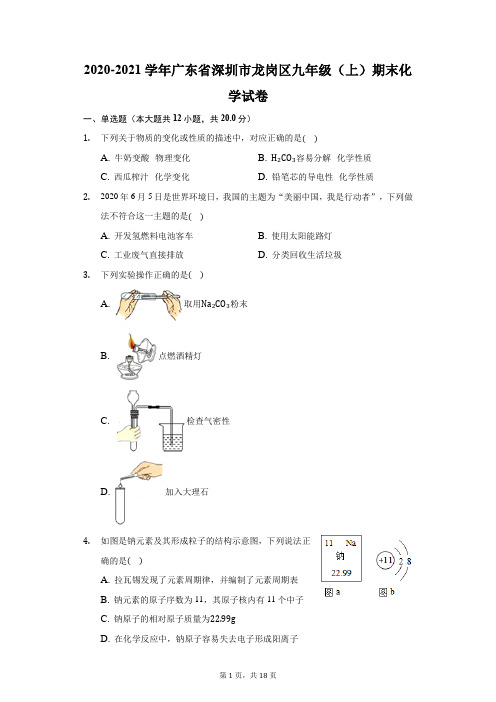 2020-2021学年广东省深圳市龙岗区九年级(上)期末化学试卷(附答案详解)