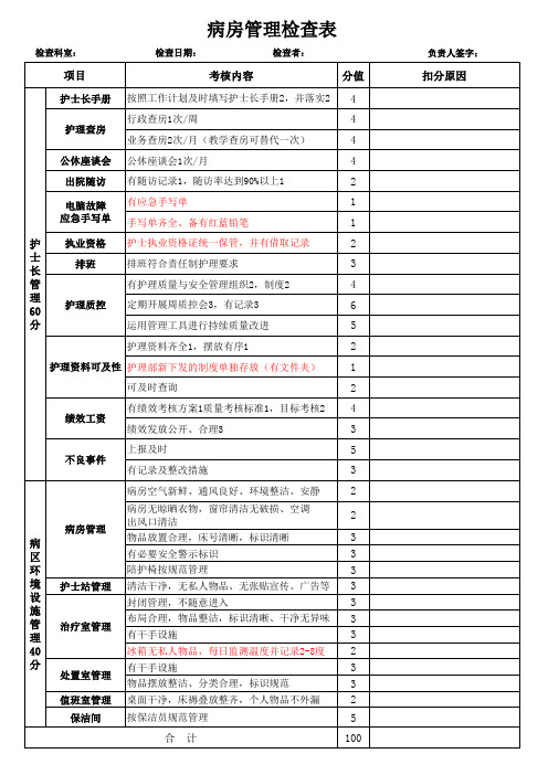 病房管理检查表