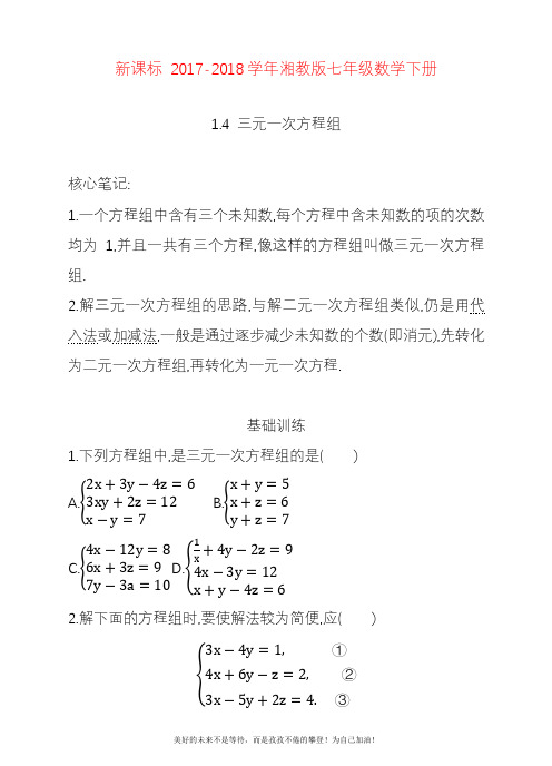 2020—2021年湘教版七年级数学下册《三元一次方程组》同步测试题及答案解析.docx