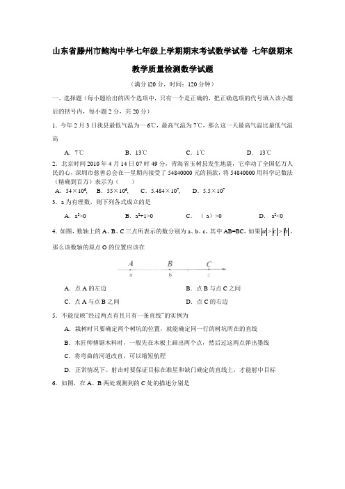 山东省滕州七年级上学期期末考试数学试卷有答案