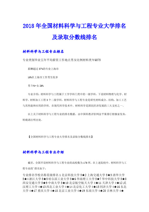 全国材料科学与工程专业大学排名及录取分数线排名