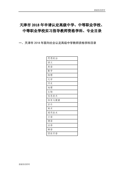 天津市2018年申请认定高级中学、中等职业学校、中等职业学校实习指导教师资格学科、专业目录.doc