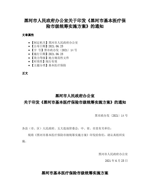 黑河市人民政府办公室关于印发《黑河市基本医疗保险市级统筹实施方案》的通知