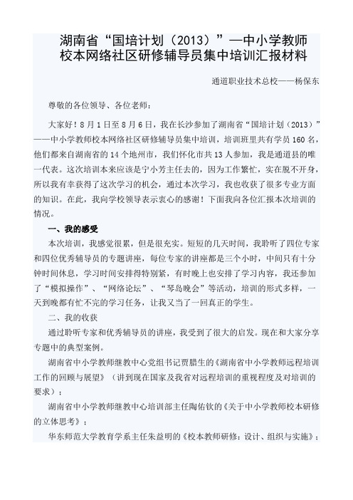 湖南省“国培计划(2013)”—中小学教师 校本网络社区研修辅导员集中培训汇报材料