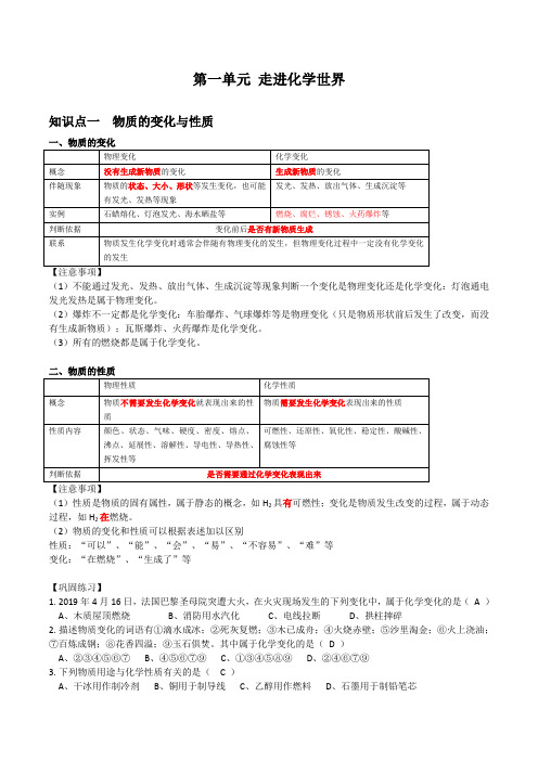 初三化学 知识点复习 第1单元 走进化学世界