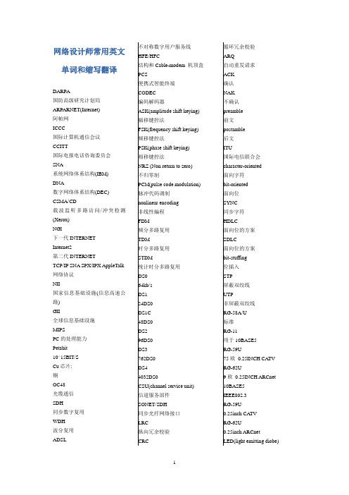 网络工程师的常用英文单词和缩写翻译对照表