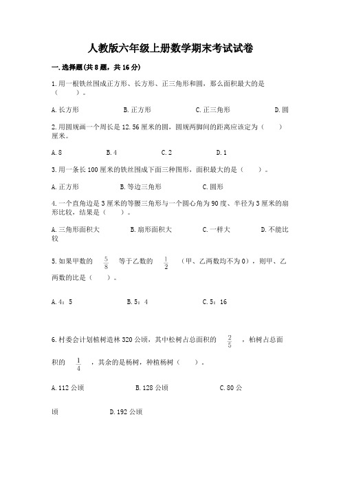 人教版六年级上册数学期末考试试卷必考题