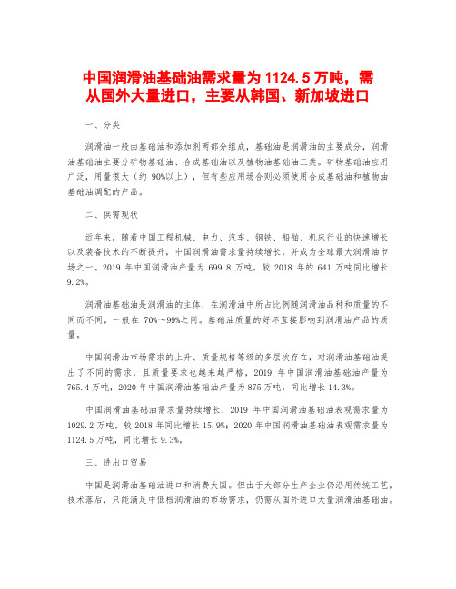 中国润滑油基础油需求量为1124.5万吨,需从国外大量进口,主要从韩国、新加坡进口