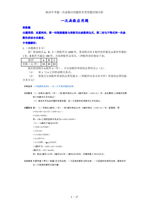 陕西中考题一次函数应用题所有类型题详细分析