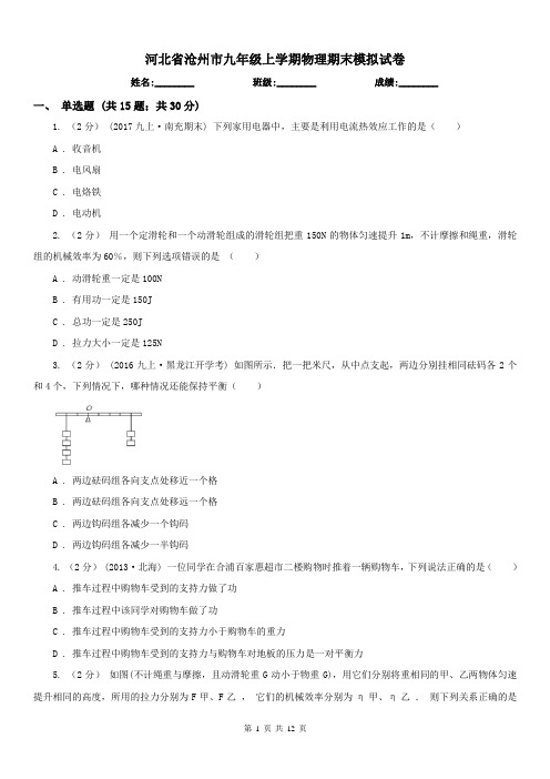 河北省沧州市九年级上学期物理期末模拟试卷